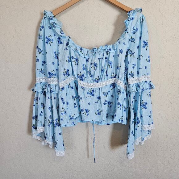 ASOS Bell Sleeve Lace Up Front Top Blue Floral Blouse Women's 10 Faerie Cottage - Picture 2 of 10